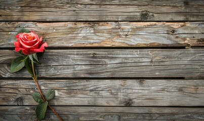 a single rose on a wooden table  - obrazy, fototapety, plakaty