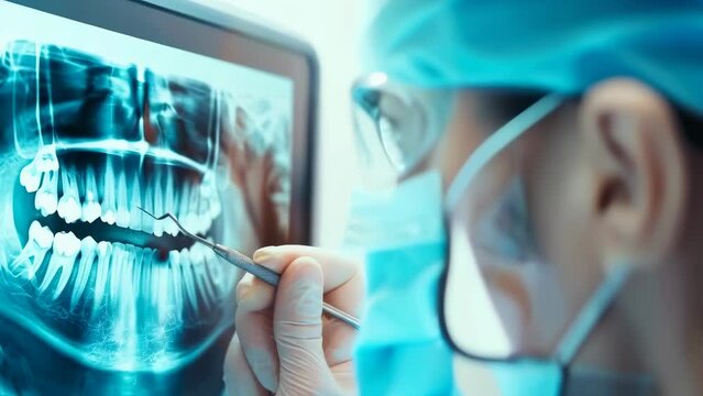 A dentist examines a dental X-ray, pointing out details on a monitor, depicting precision in dental diagnostics and patient care. Performing orthodontic surgery
