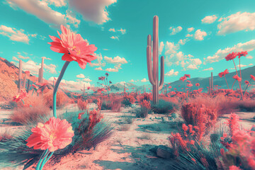 psychedelic vapor wave and surreal scenery with cactus and flower in the desert, trippy wallpaper art - obrazy, fototapety, plakaty