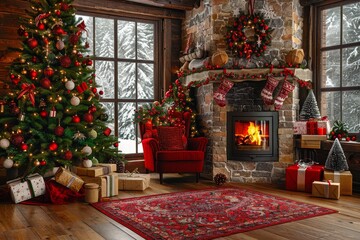 This image presents a rustic cabin interior elaborately decorated for Christmas with a tree and fireplace