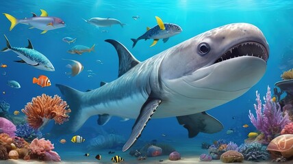 Obraz na płótnie Canvas Big shark and small fish, view under the sea