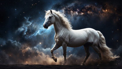 The image is of a majestic white horse standing on a rocky cliff with a starry night sky and colorful nebula behind it.

