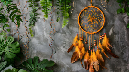 Dreamcatcher hanging on blooming tree in wind ,A dream catcher hanging from a rope in a forest ,Symbol woman native feather catcher background