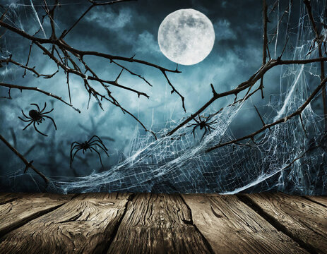 Halloween background with cobwebs, dry tree branches and full moon over old wooden table. Space for your product or design.