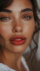 a closeup shot of a spanish fashion model looking at camera with eye lashes lipstick full makeup