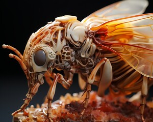 A 3D rendering of a steampunk wasp made of bone and amber.