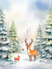 Snow-covered forest with animals decorating a Christmas tree, cartoon in watercolor, soft color,