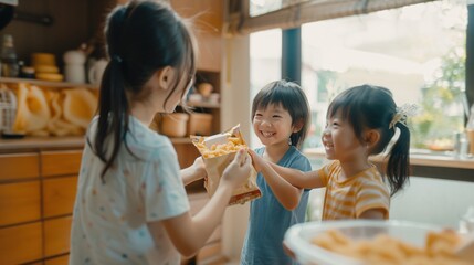 POV of a woman's hand giving a packet of snack to two asian 8 years old smiling twin kids, front side, high angle, indoor home background, daytime lighting