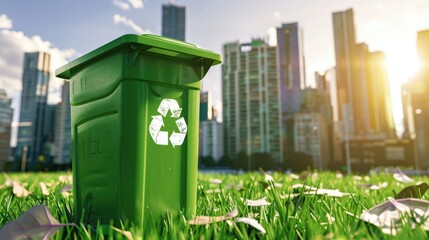 Green recycling bin filled with recyclables in an urban park, highlighting eco-consciousness in city living - AI generated