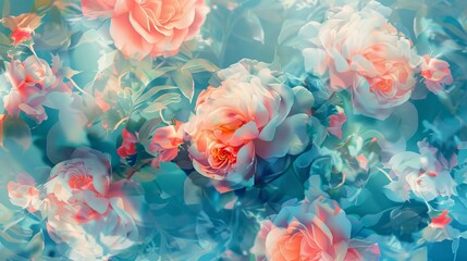 Colorful floral pattern with pink roses and peonies on a background with a double exposure effect.