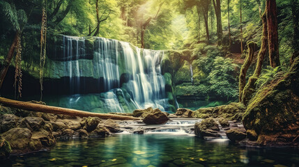 Panoramic beautiful deep forest waterfall, Serene Waterfall in Forest