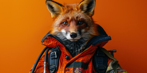 Fox in stylish orange jacket with backpack, standing against vibrant orange background