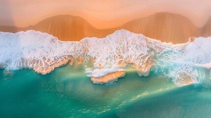 A wave rolling over the beach, captured from an aerial perspective, showcasing its soft and dynamic form. The water is turquoise with white foam, creating a contrast against golden sand. - obrazy, fototapety, plakaty