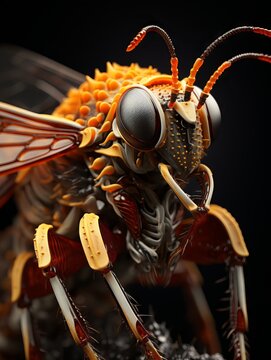 A digital painting of a steampunk wasp with a black background.