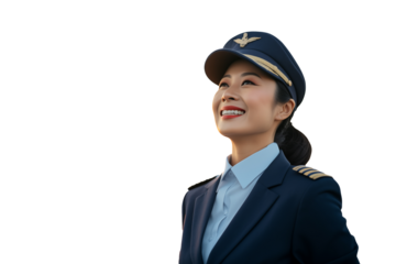 Middle aged Chinese woman airplane pilot on isolated chroma key background