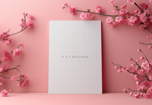 Vertical Card Mockup With Pink Cherry Blossoms and Generative ai