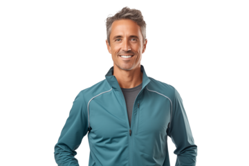 Middle aged man on isolated chroma key background in sportswear