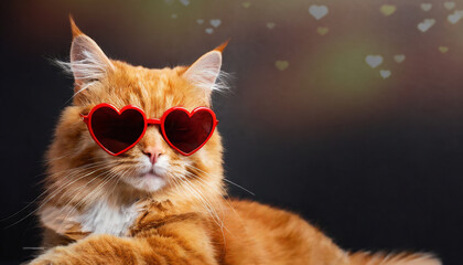 A ginger cat with heart-shaped sunglasses with heart shaped lights for valentine's day or black friday on black bokeh background.
