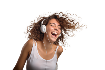 Young pretty brunette girl on isolated chroma key background listening music with headphones