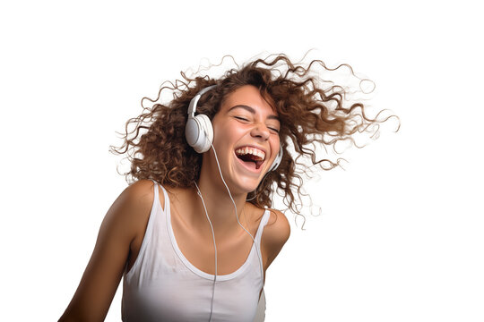 Young pretty brunette girl on isolated chroma key background listening music with headphones