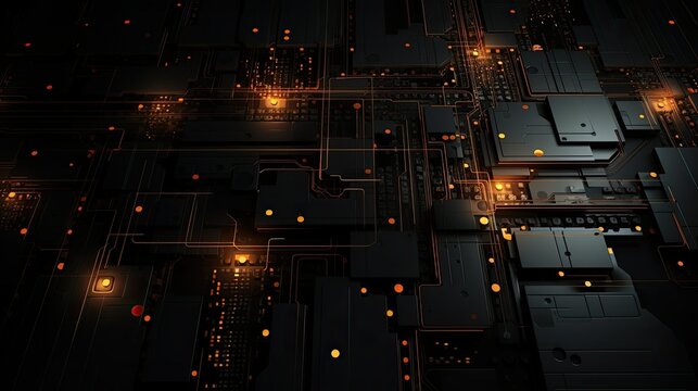 Digital circuitry forming abstract patterns and structures against a dark background