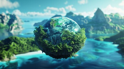 Explore the beauty of tropical landscapes from above with this stunning 3D illustration of a floating globe showcasing lush mountains and sparkling seas. - obrazy, fototapety, plakaty