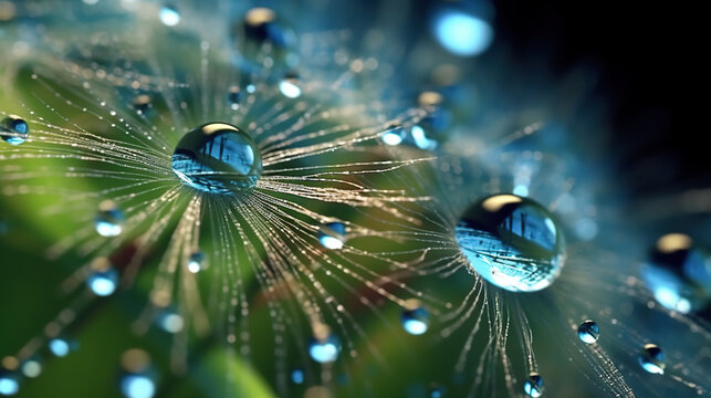 Beautiful water drops on a dandelion seed macro