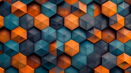 Blue, orange and brown geometric hexagon shapes background. For Design, Background, Cover, Poster, Banner, PPT, KV design, Wallpaper