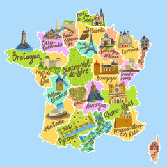 Map of France with French region names and pictures of landmarks. Vector colorful travel illustration.