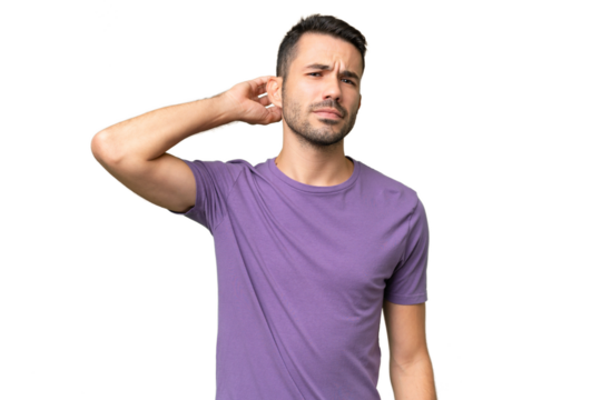 Young handsome caucasian man over isolated background having doubts