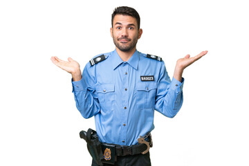 Young police caucasian man over isolated background having doubts while raising hands
