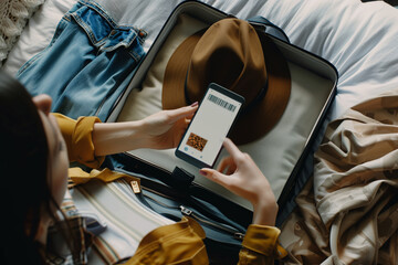 A traveler's hands holding a smartphone with a mobile boarding pass on the screen, poised over an open suitcase packed with a variety of clothes including plaid shirts and a hat.