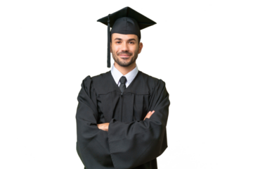 Young university graduate man over isolated background keeping the arms crossed in frontal position