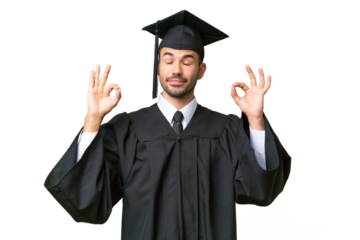 Young university graduate man over isolated background in zen pose