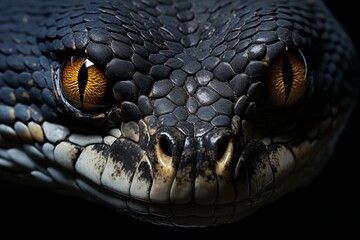 Eyes of a great king cobra on black background