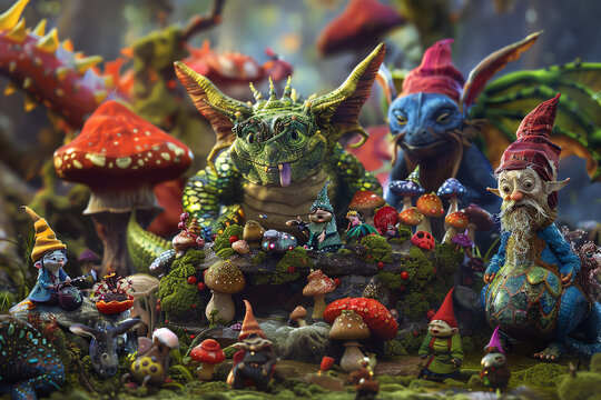 Capture a whimsical scene of mythical creatures like fairies, gnomes, and dragons in hilarious, everyday comedy situations Could be a chaotic nanotechnology experiment gone wrong? Use digital renderin
