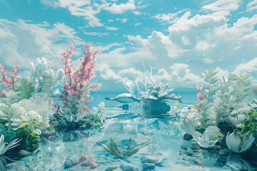 Dive into the depths of creativity by depicting an underwater world with a traditional art medium Embrace a frontal view and minimalist design to highlight the beauty of marine life Experiment with un