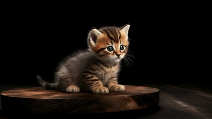 Cute little bengal kitten sitting on wooden table isolated on black background