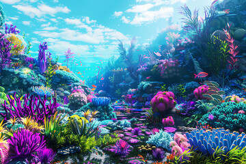 Craft a traditional art piece depicting an expansive underwater realm teeming with colorful flora and fauna, invoking a sense of wonder and mystery Embrace surrealism in the details, showcasing a uniq