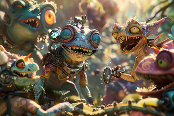 Imagine a group of mischievous mythical creatures utilizing nanotechnology devices to create comedic misunderstandings Depict the chaos and laughter in a detailed, tilted angle view with a mix of vibr