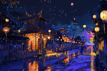 Immerse viewers in the intriguing blend of ancient traditions and modern innovation by portraying a nighttime cultural festival scene in glitch art style