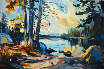Produce a captivating oil painting of a serene wilderness camping scene, focusing on side views Incorporate abstract elements to enhance the feeling of being surrounded by nature Include unexpected ca