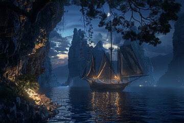 Transport viewers into a surreal Maritime world using innovative lighting methods Create a panoramic view of enchanted seas, merging traditional or digital mediums to capture the essence of mystical a