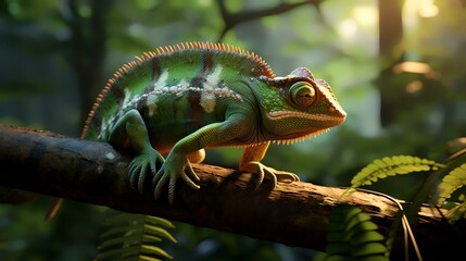 Chameleon on a branch in the forest at sunset time.