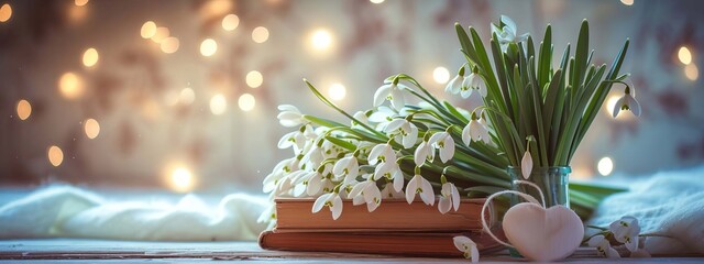 Snowdrop flowers in vase and books on table, spring background. selective focus, Generative AI,