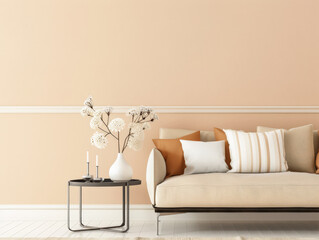 Elegant interior design in peach color with minimal furniture.
