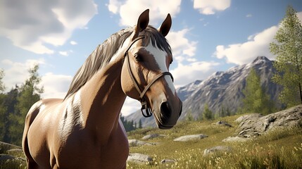 Obraz premium Horse in the meadow in the mountains. 3d render