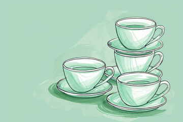A vertical stack of vintage style ceramic cups and saucers in artistic drawing style on white background