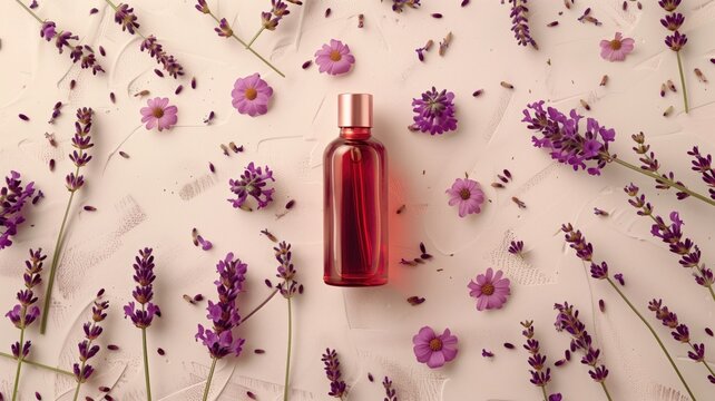 Lavender essential oil bottle surrounded by flowers.