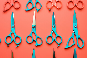 Row of assorted scissors on red background for sewing and crafting projects